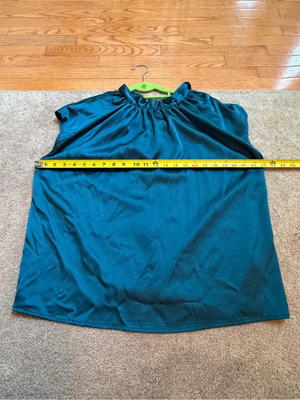 New XL 12 SHEIN satin Cap Sleeve blouse mock neck tie neck teal turquoise